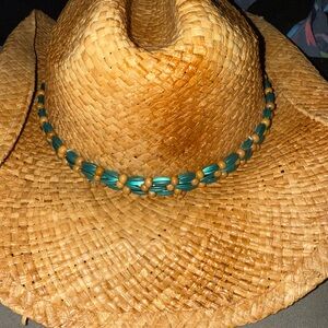 Stylish Tan Straw Hat with Blue Beaded Band